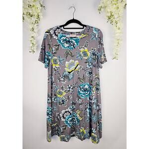 New LOFT Medium Floral Swing Dress Gray Blue Yellow Stretch Comfort Casua $59.99